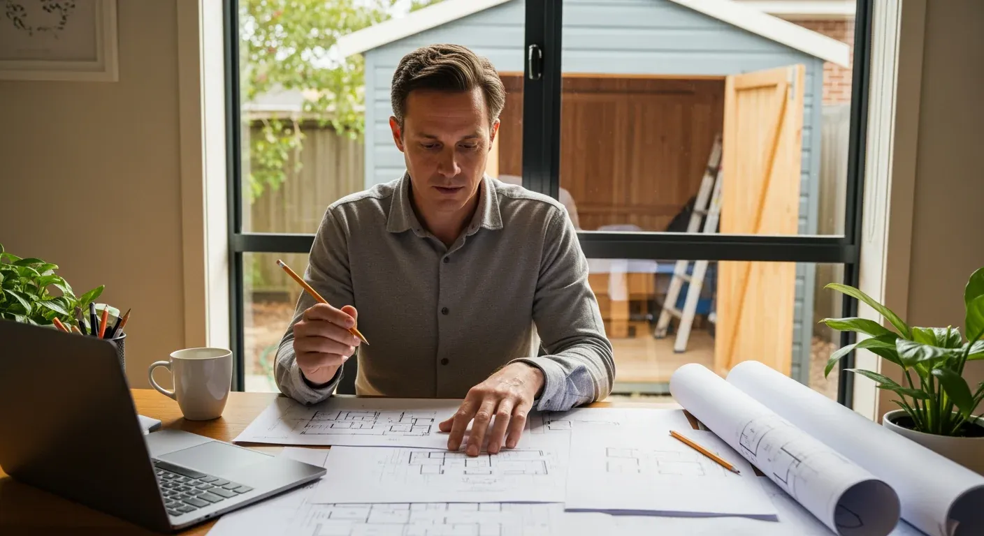 Homeowner reviewing shed permit documents