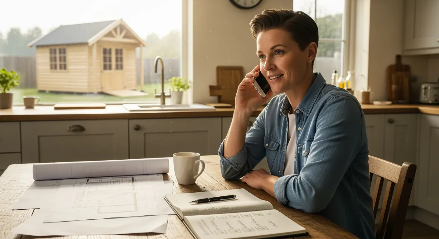 Homeowner making a phone call with notes, looking confident and relaxed, shed plans on desk