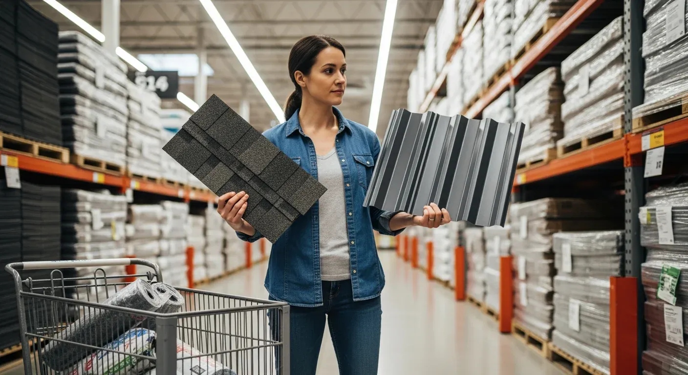 Homeowner reviewing roofing materials and calculator at a hardware store or workshop table