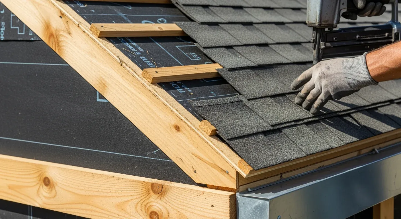 Cross-section diagram showing correct layering order: deck, drip edge, underlayment, starter strip, shingles, ridge cap