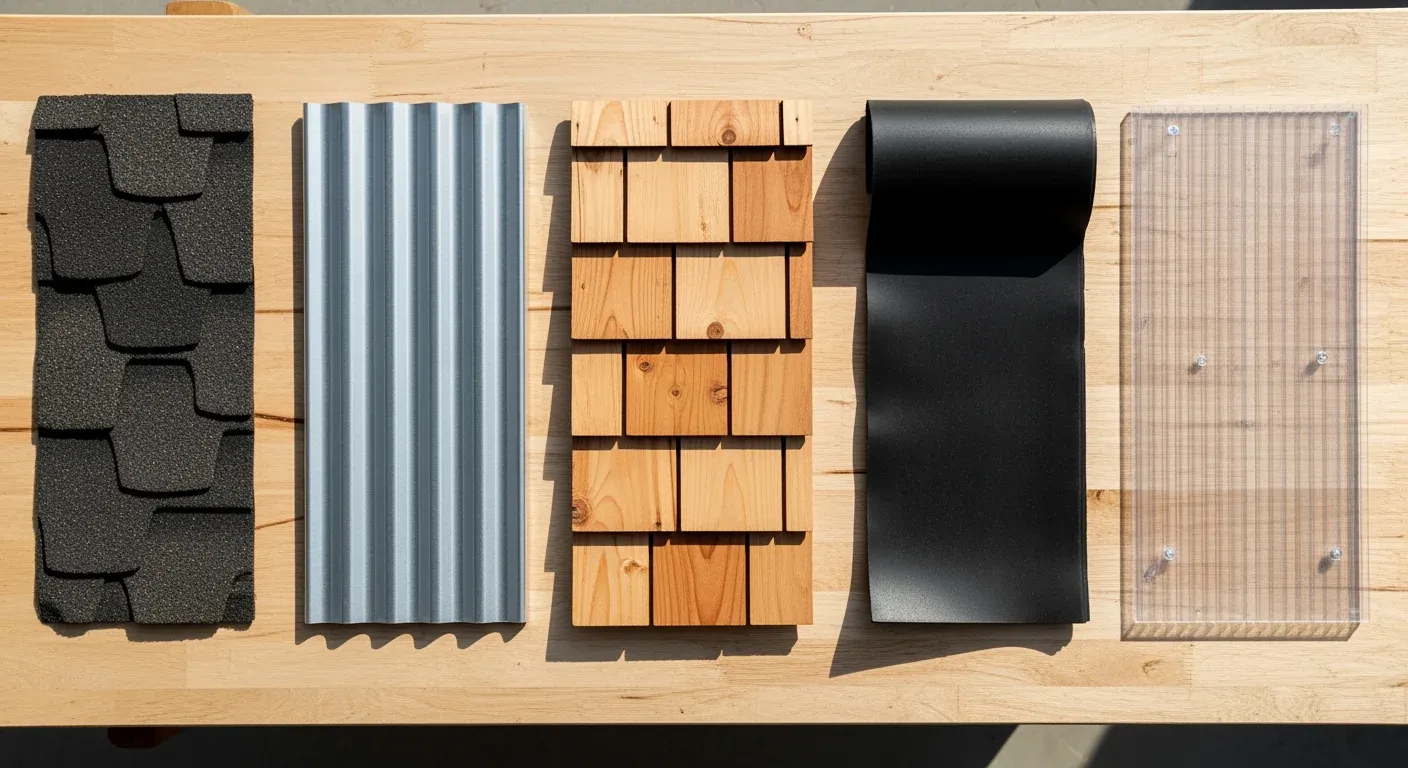 Flat lay of roofing material samples: asphalt shingle, metal panel, cedar shake, EPDM rubber, arranged on a workbench with labels