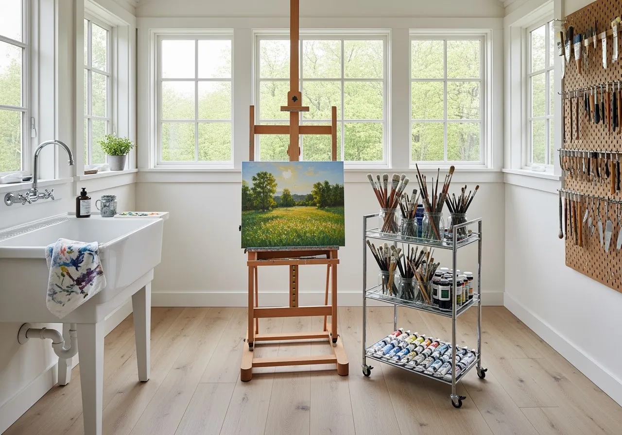 An art studio interior with a wooden easel holding a landscape painting, a utility sink, brushes on a pegboard, and north-facing windows