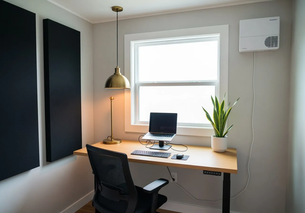 A backyard office interior with an oak desk, ergonomic chair, acoustic wall panels, mini-split HVAC unit, and natural light from a side window