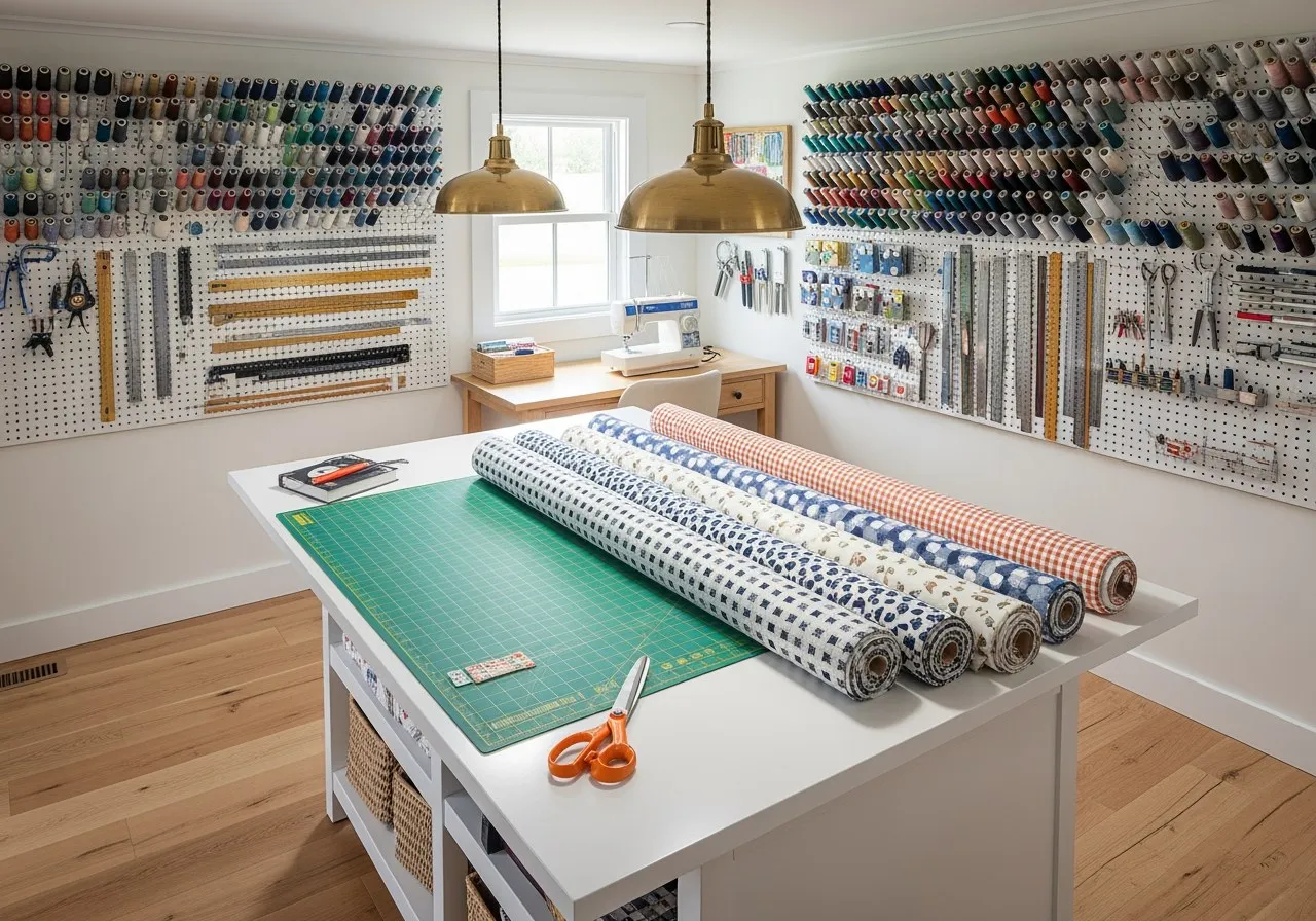 A craft and sewing shed with a long cutting table, a sewing machine, pegboard walls holding spools of thread, and pendant lighting