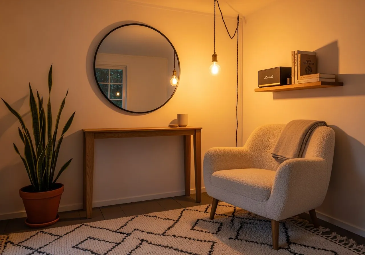 A fully styled she shed showing a statement mirror, pendant lighting, wool rug, potted plant, cream armchair with linen throw, and a speaker on a shelf