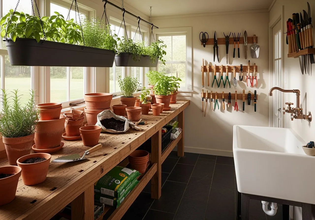 A garden potting shed with terracotta pots on a workbench, a utility sink, hanging herbs, and tools on the wall