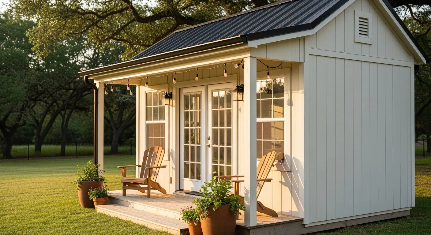 A cream-colored she shed with French doors, string lights, and two Adirondack chairs on a small covered porch in golden-hour light