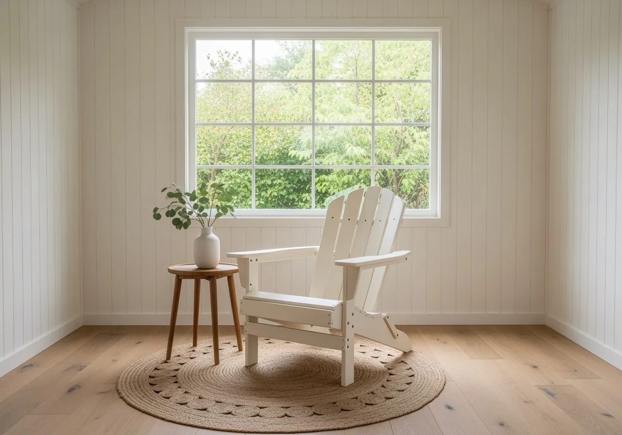 A minimal pure retreat she shed with one Adirondack chair, a small side table, a jute rug, and a large window looking onto a garden