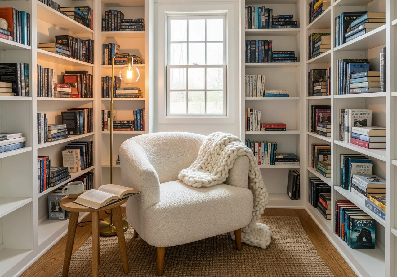 A reading retreat interior with floor-to-ceiling white bookshelves, a cream armchair, wool throw, and a brass reading lamp next to a window