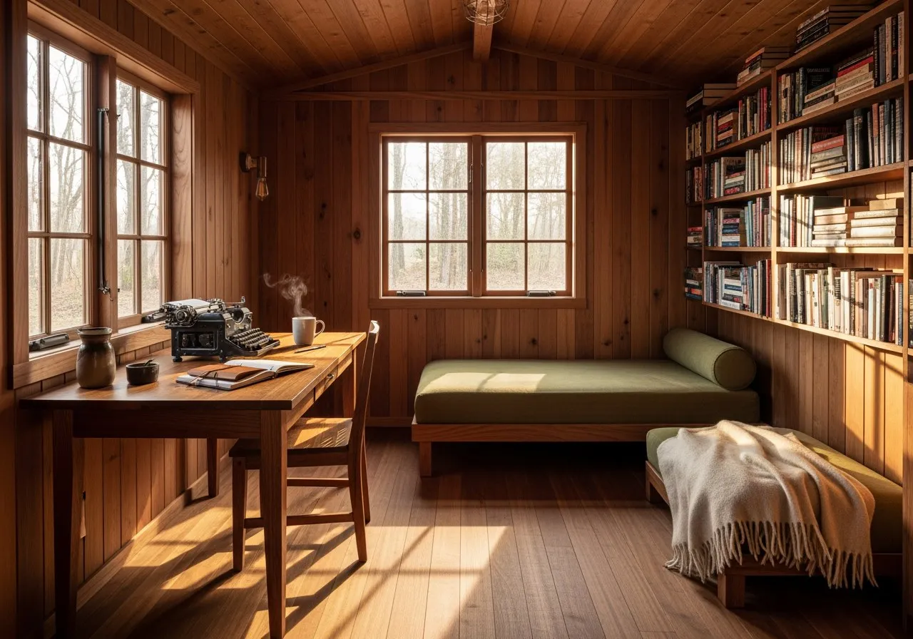 A writer's cabin with a wooden desk under a window holding a notebook and typewriter, a daybed with a wool blanket, and built-in bookshelves