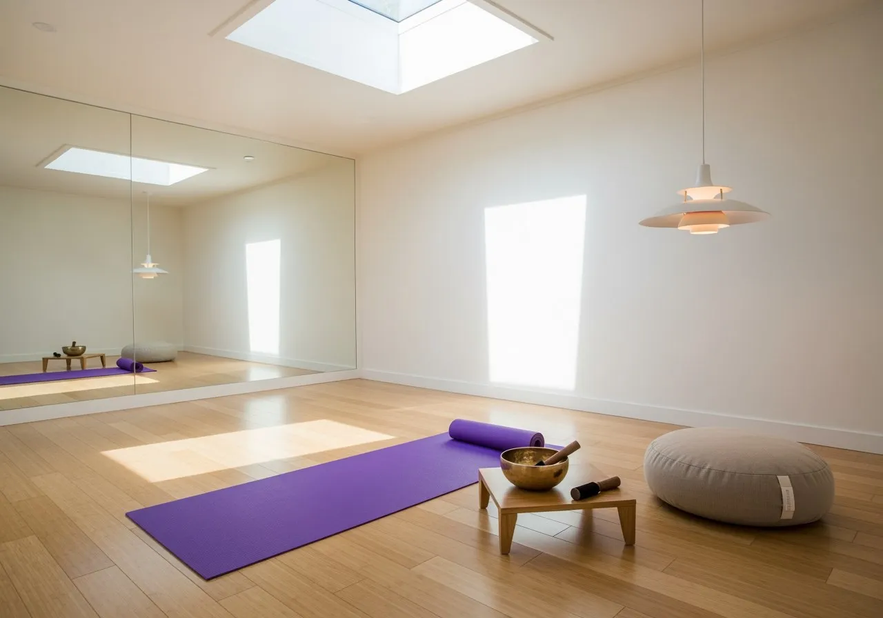 A minimalist yoga studio with bamboo flooring, a mirrored wall, a yoga mat, meditation cushion, and a skylight