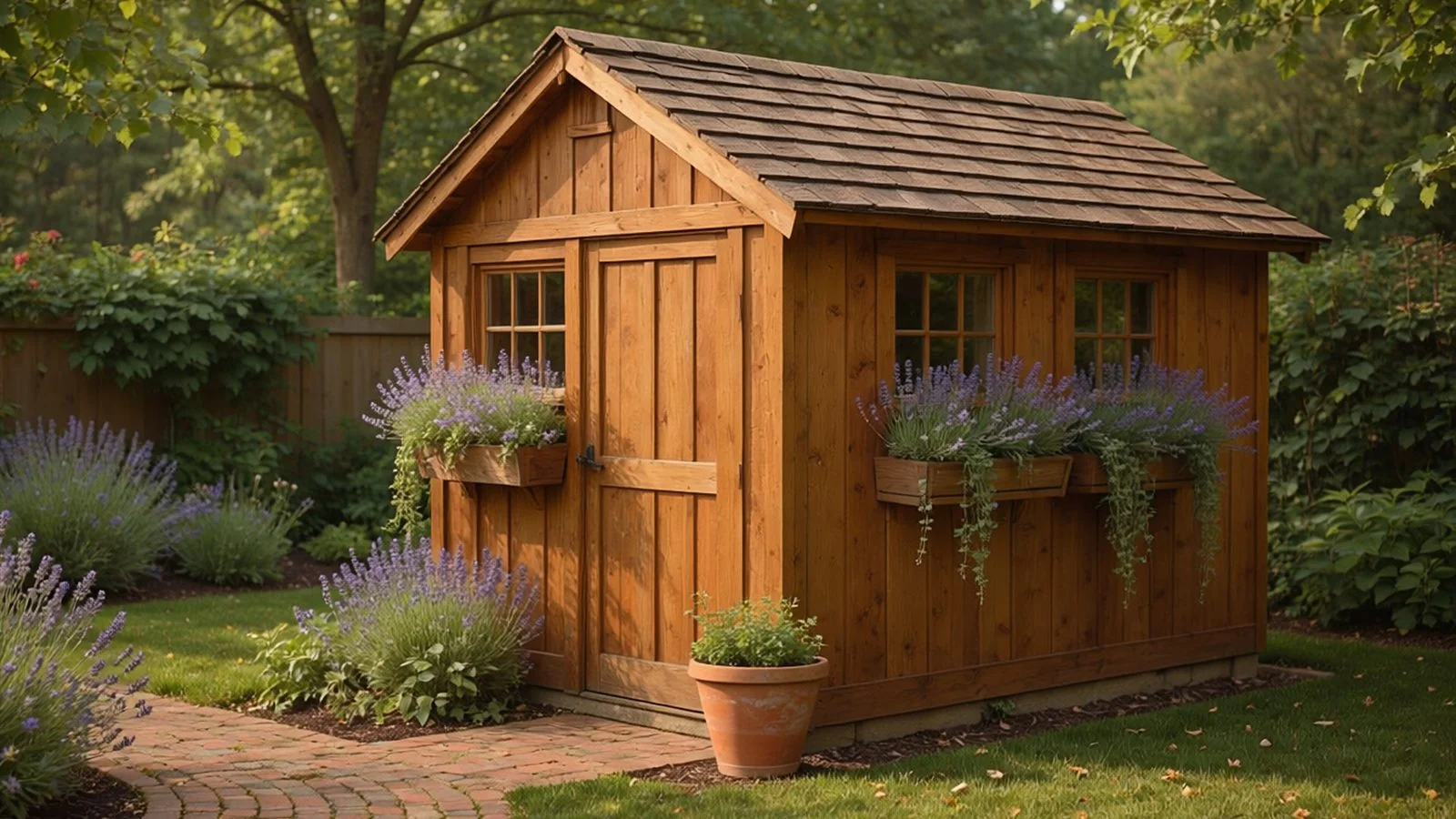 Cedar garden shed beside a flower bed in a landscaped backyard