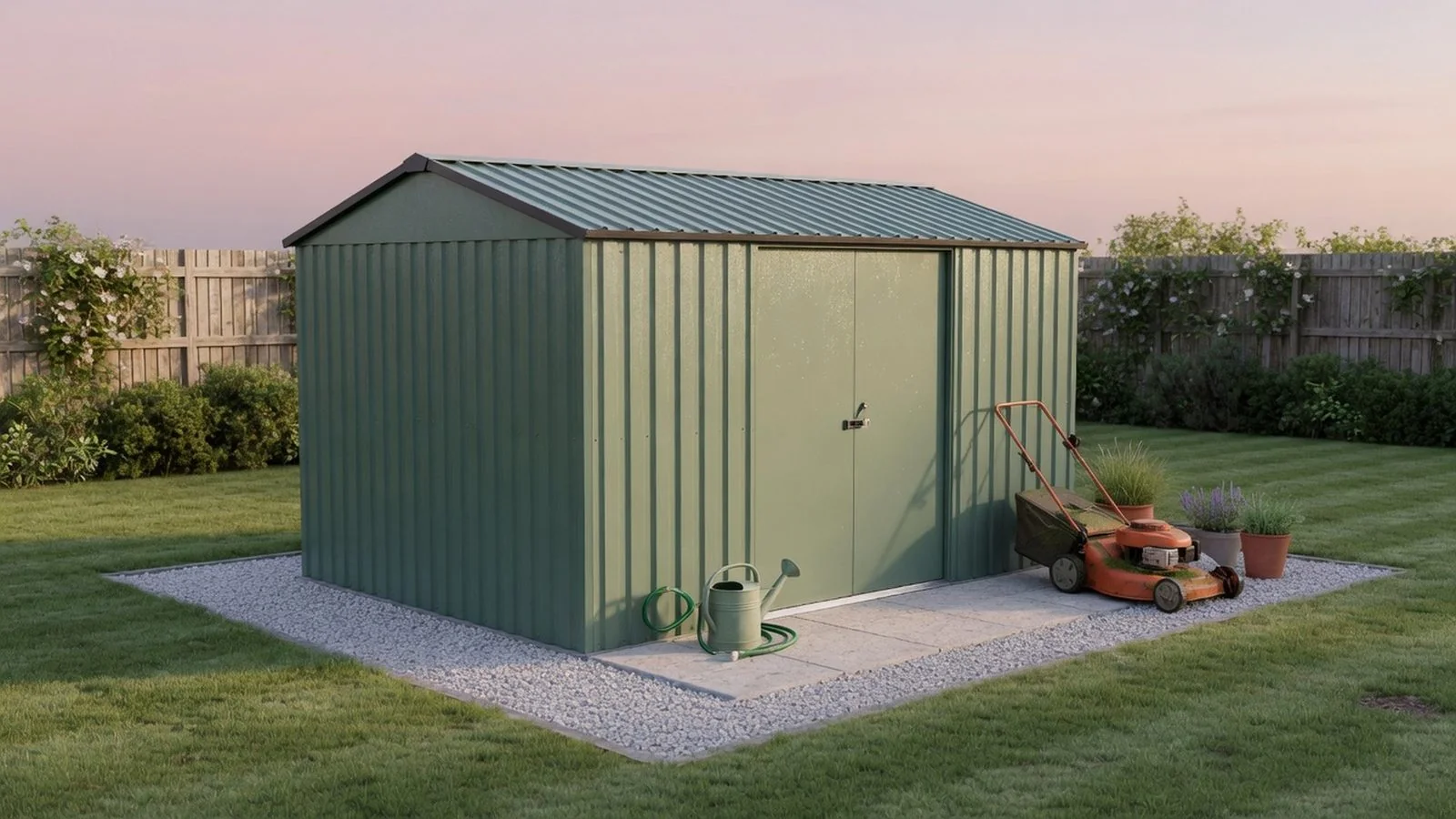 Galvanized metal storage shed installed in a backyard