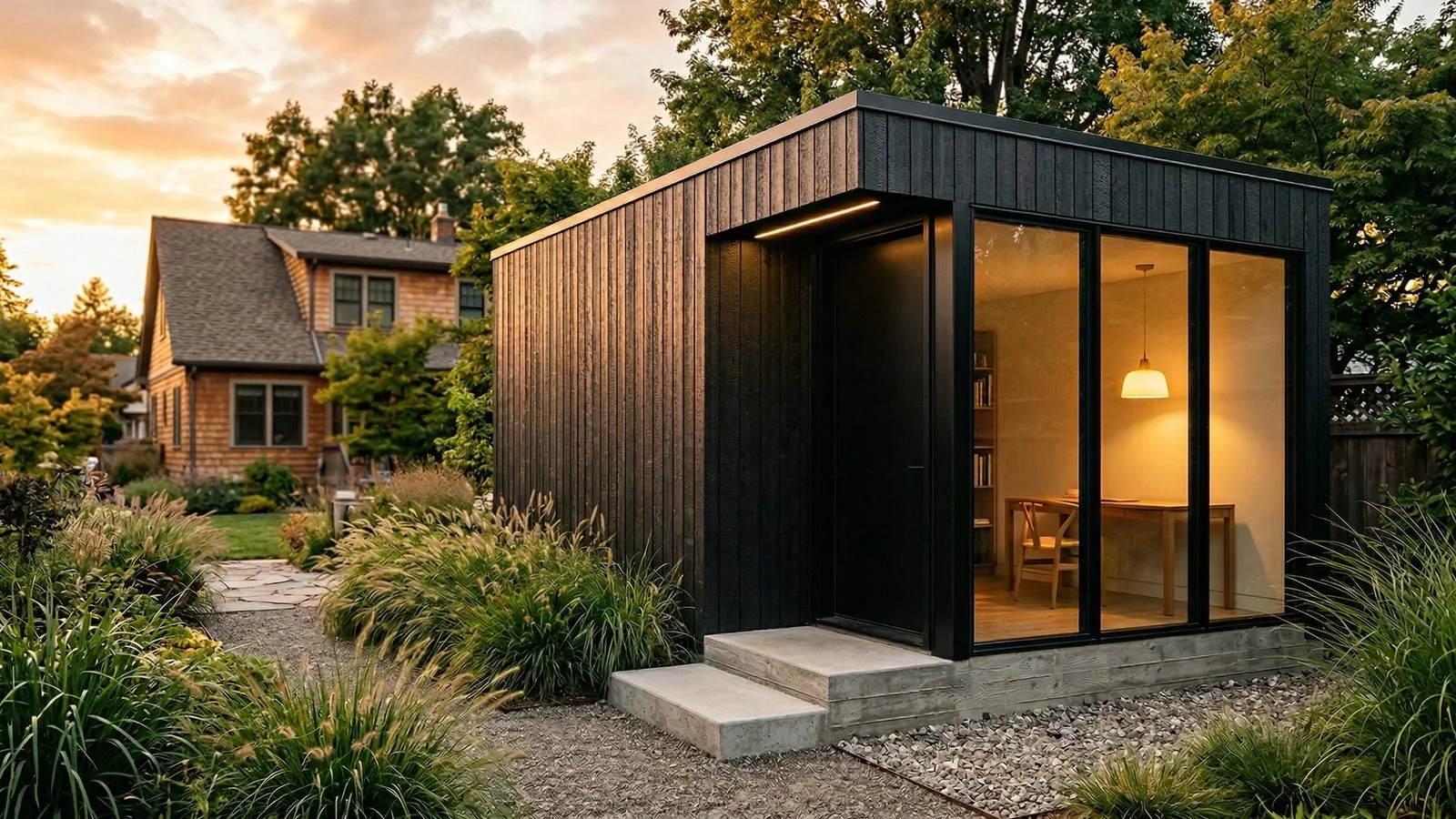 Modern studio shed with flat roof, full glass wall, and ornamental grasses