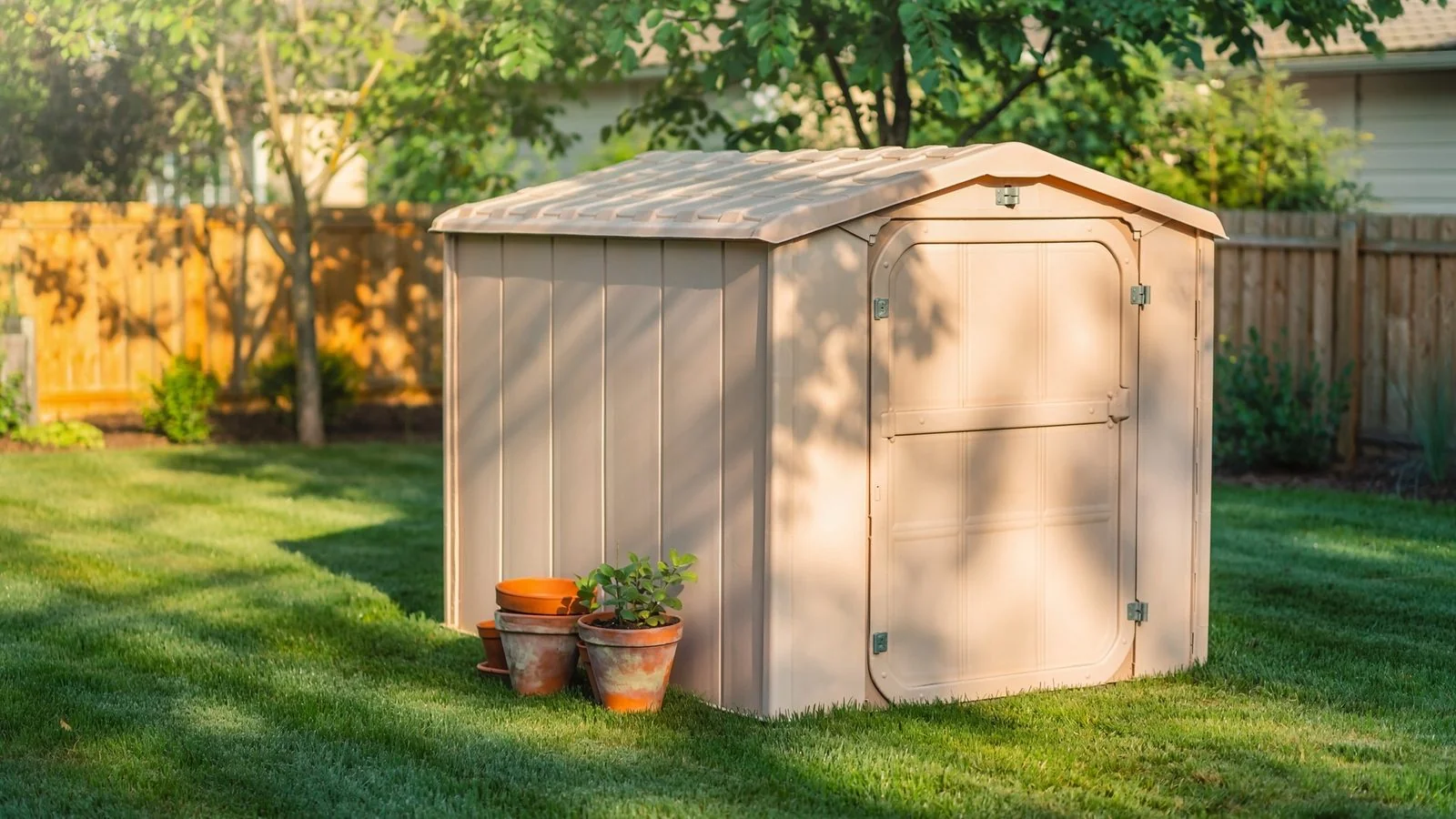 Plastic resin shed in a clean suburban backyard with trimmed lawn