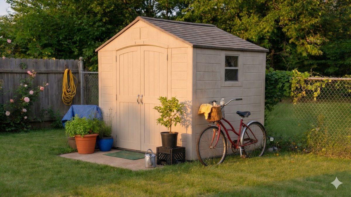 Finished plastic resin shed installed on a level pad with garden tools inside