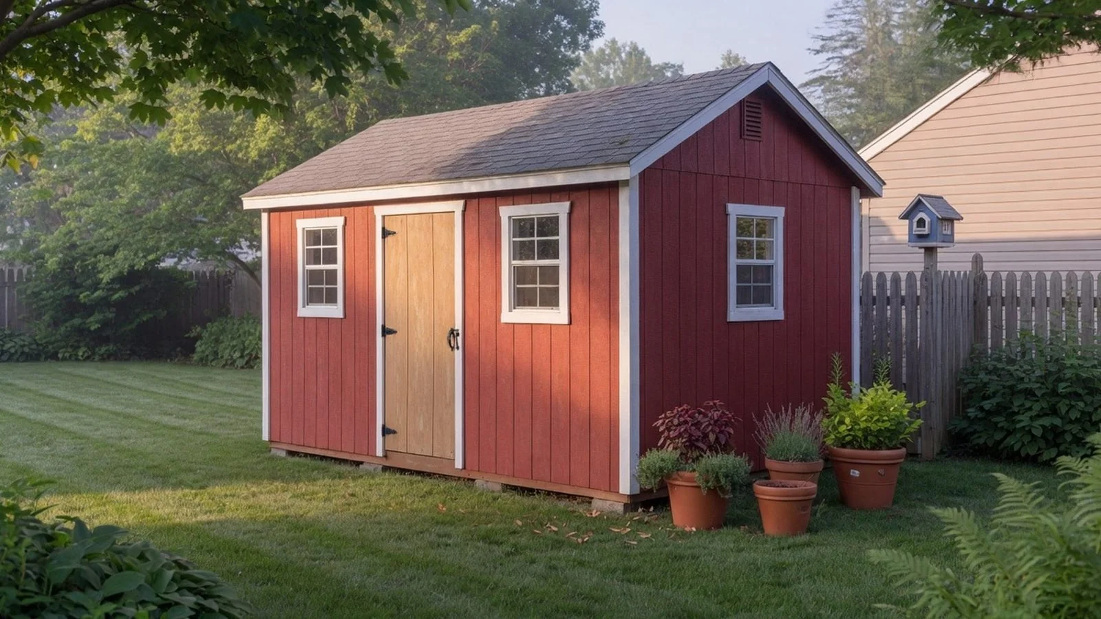 Wooden frame shed with T1-11 siding in a backyard