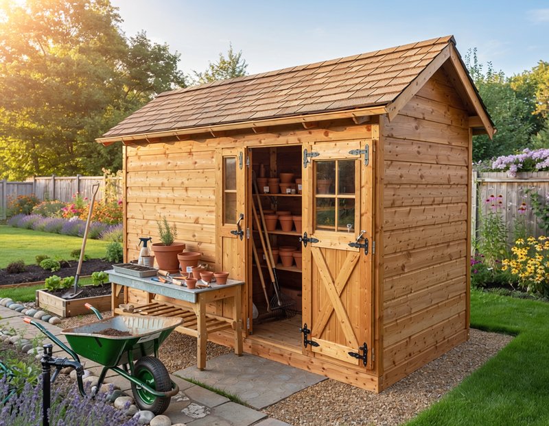 Beautiful cedar shed with gardening setup in backyard