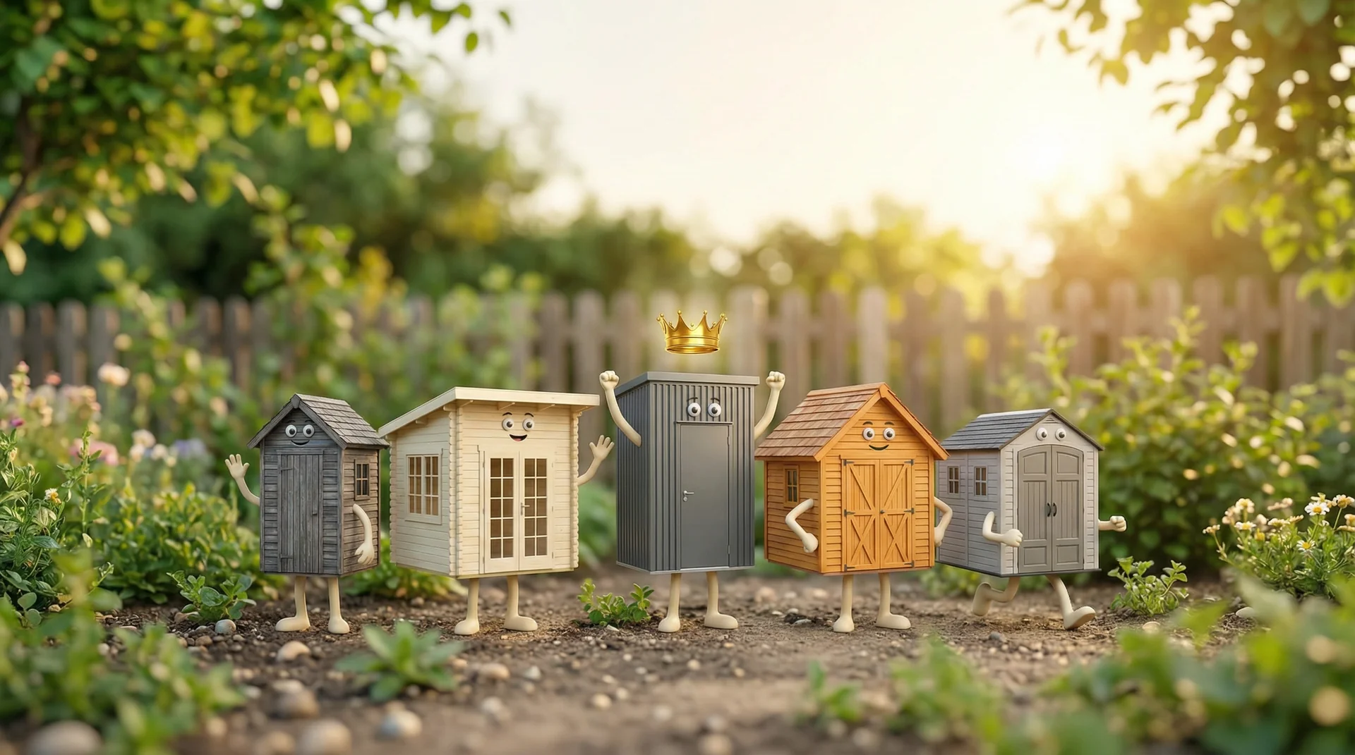 Five animated shed characters standing side by side for comparison